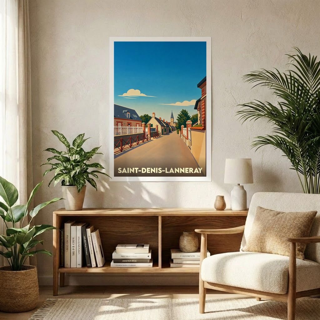 Affiche souvenir de la ville de Saint-Denis-Lanneray représentant une rue de village paisible sous un ciel bleu dégagé.