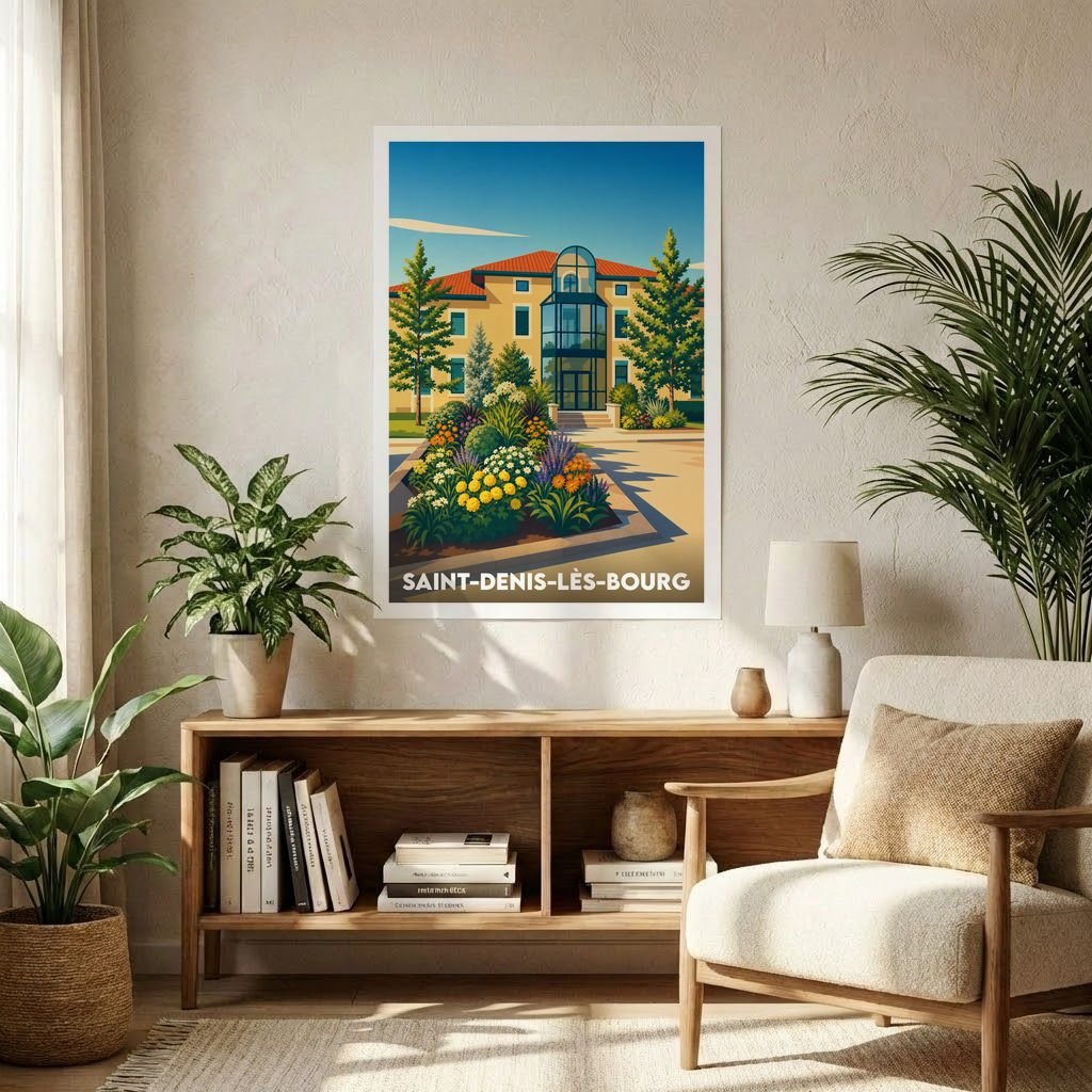 Affiche souvenir de la ville de Saint-Denis-lès-Bourg avec une illustration stylisée et colorée de sa mairie.