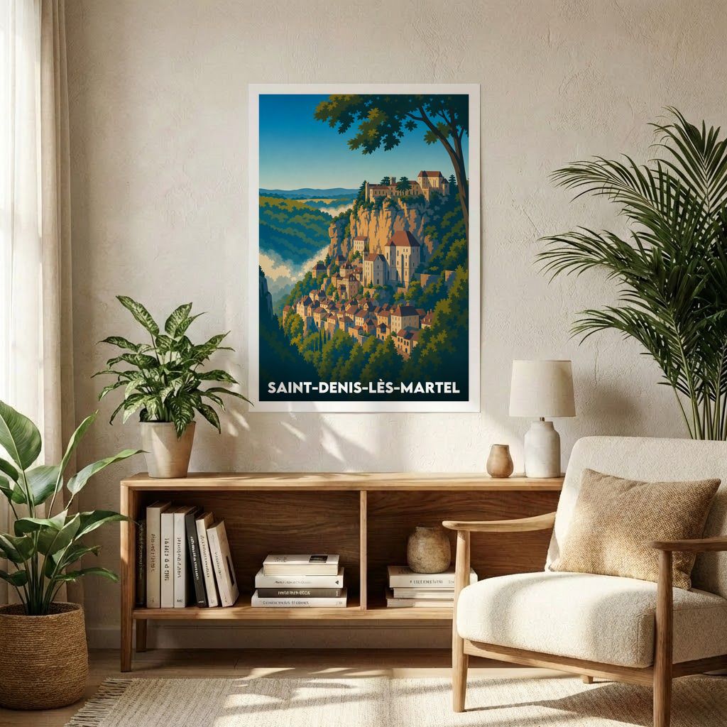 Affiche souvenir de la ville de Saint-Denis-lès-Martel avec une illustration stylisée d'un village perché.