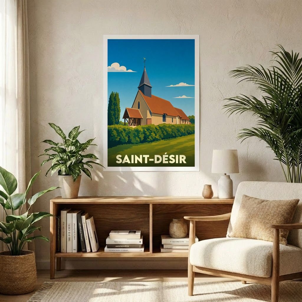 Affiche souvenir de la ville de Saint-Désir illustrant son église dans un style graphique épuré.