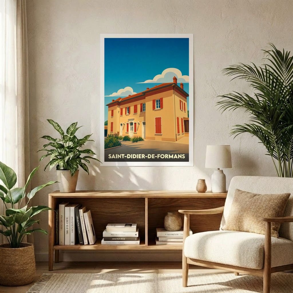 Affiche souvenir de la ville de Saint-Didier-de-Formans avec une illustration stylisée.