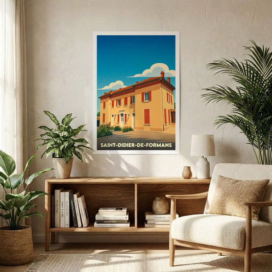 Affiche souvenir de la ville de Saint-Didier-de-Formans avec une illustration stylisée.