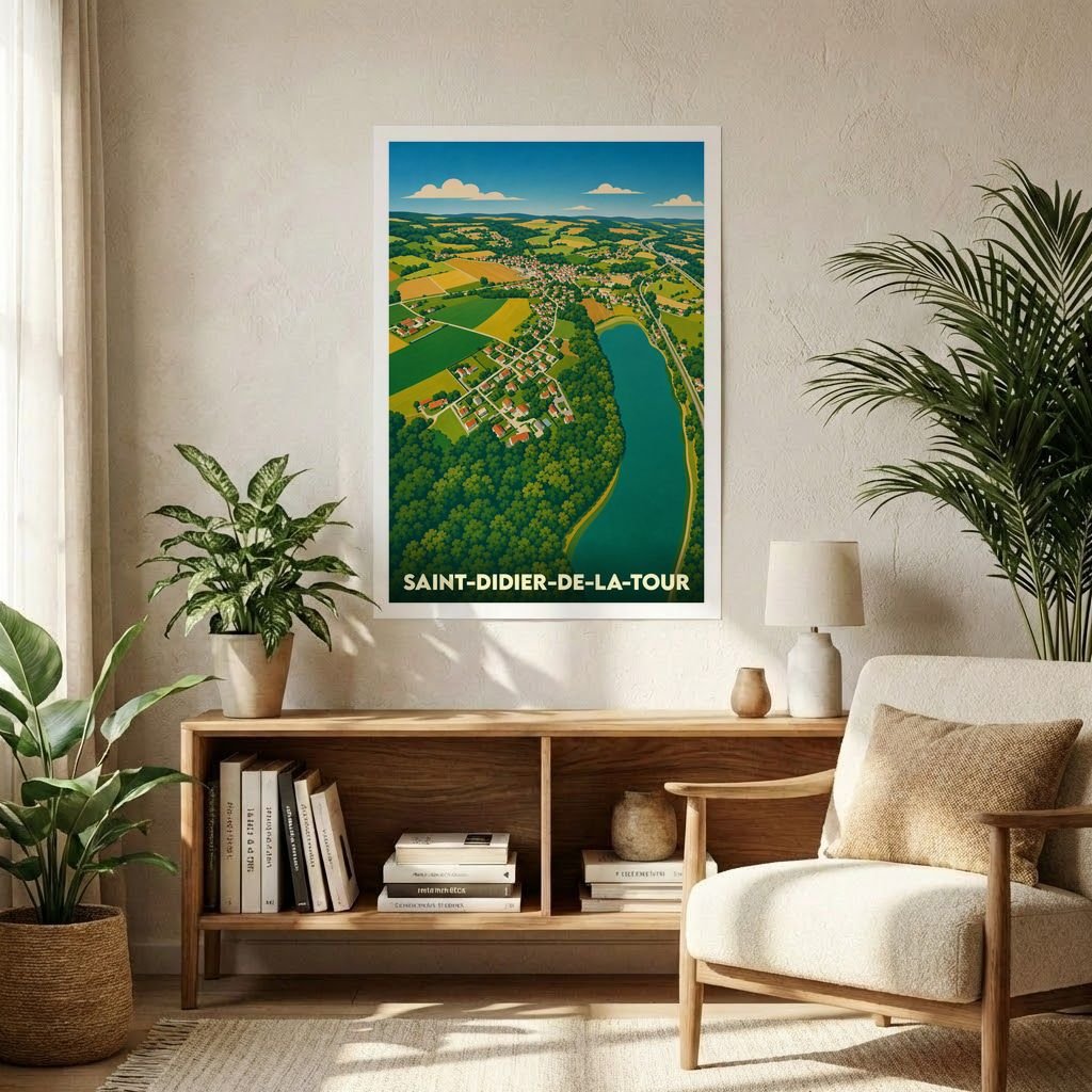 Affiche souvenir de la ville de Saint-Didier-de-la-Tour avec une illustration stylisée d'un paysage verdoyant et son plan d'eau.