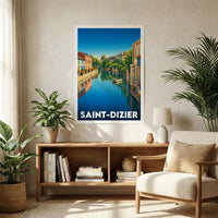 Affiche souvenir de la ville de Saint-Dizier avec une illustration stylisée d'un canal bordé de maisons colorées.