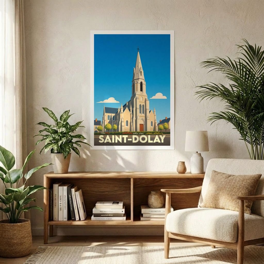 Affiche souvenir de la ville de Saint-Dolay avec une illustration stylisée de son église sous un ciel bleu.