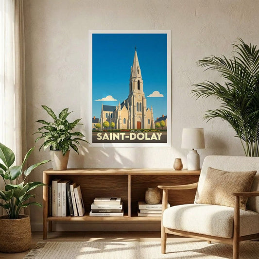 Affiche souvenir de la ville de Saint-Dolay avec une illustration stylisée de son église sous un ciel bleu.