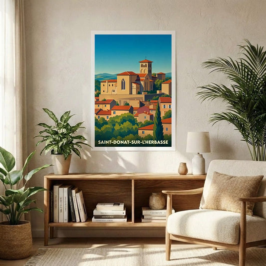Affiche souvenir de la ville de Saint-Donat-sur-l'Herbasse avec une illustration stylisée et colorée de son patrimoine.