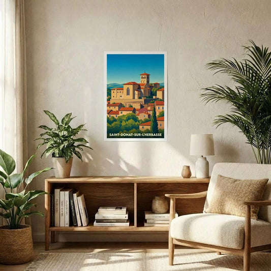 Affiche souvenir de la ville de Saint-Donat-sur-l'Herbasse avec une illustration stylisée.