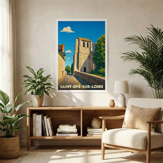 Affiche souvenir de la ville de Saint-Dyé-sur-Loire représentant son église historique dans un style graphique épuré.