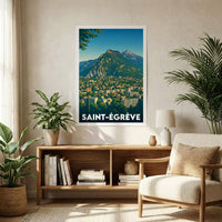 Affiche souvenir de la ville de Saint-Égrève avec une illustration stylisée de son paysage urbain et montagneux.