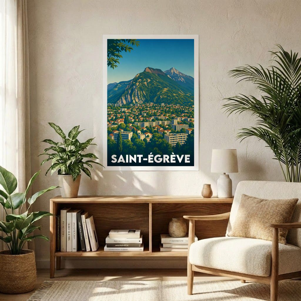 Affiche souvenir de la ville de Saint-Égrève avec une illustration stylisée de son paysage urbain et montagneux.