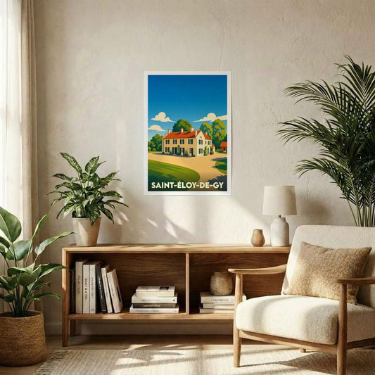 Affiche souvenir de la ville de Saint-Éloy-de-Gy avec une illustration stylisée d'une maison de campagne.
