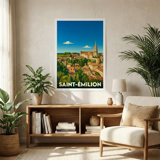 Affiche souvenir de la ville de Saint-Émilion avec une illustration stylisée des toits et du clocher emblématique.
