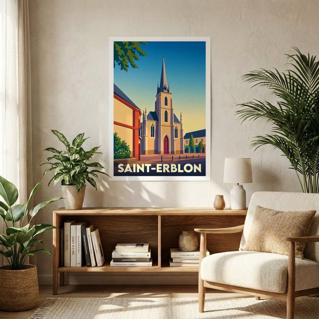 Affiche souvenir de la ville de Saint-Erblon représentant son église dans un style graphique épuré et coloré.