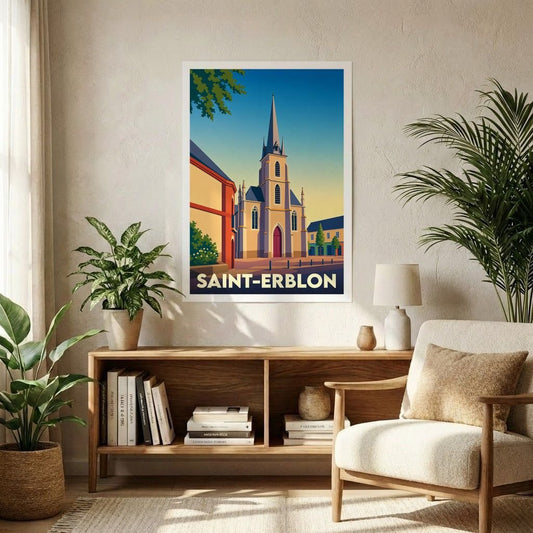 Affiche souvenir de la ville de Saint-Erblon représentant son église dans un style graphique épuré et coloré.