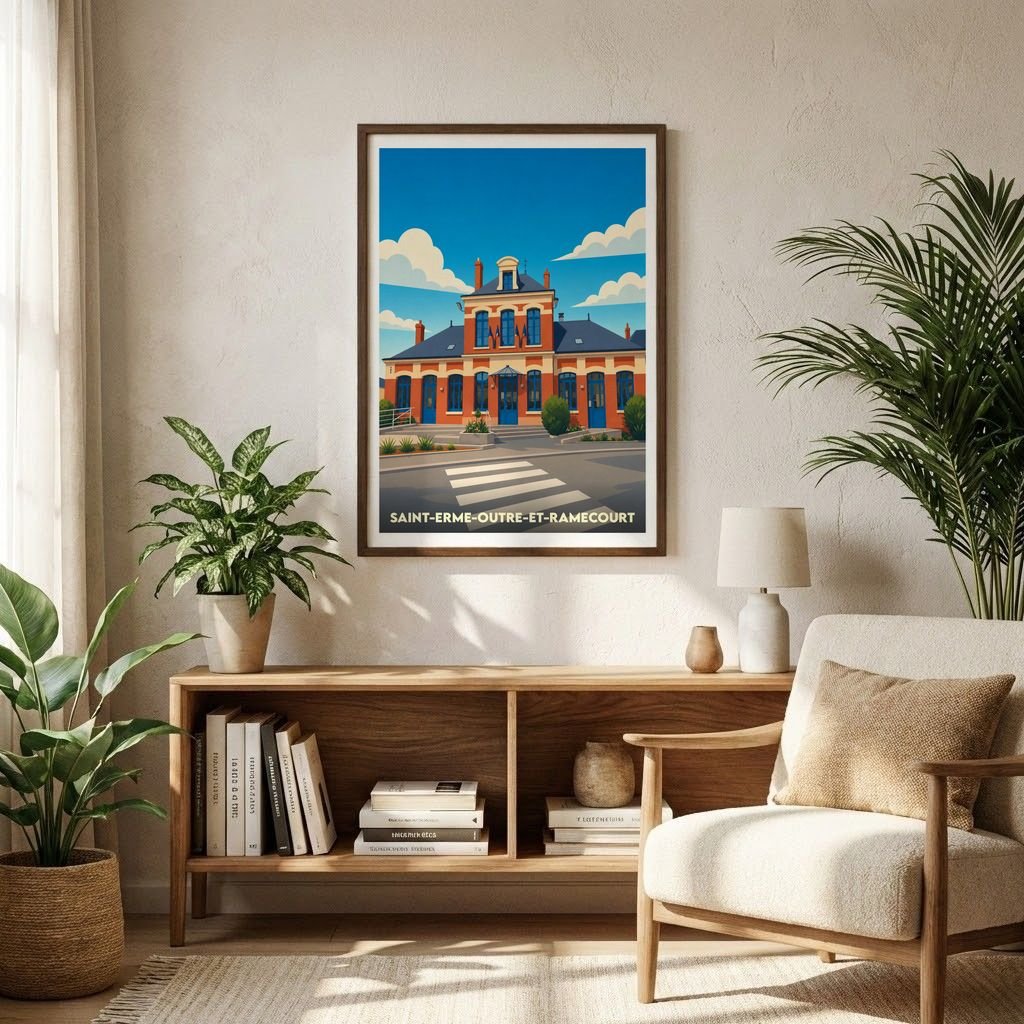 Affiche souvenir de la ville de Saint-Erme-Outre-et-Ramecourt avec une illustration stylisée de sa gare.