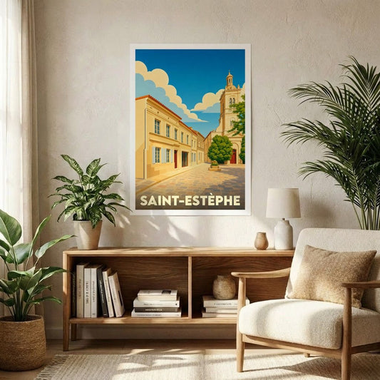 Affiche souvenir de la ville de Saint-Estèphe avec une illustration stylisée d'une rue ensoleillée et de son église.