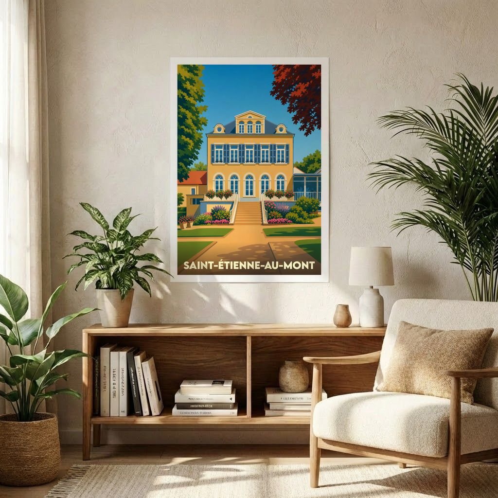 Affiche souvenir de la ville de Saint-Étienne-au-Mont avec une illustration stylisée d'une grande demeure bourgeoise.