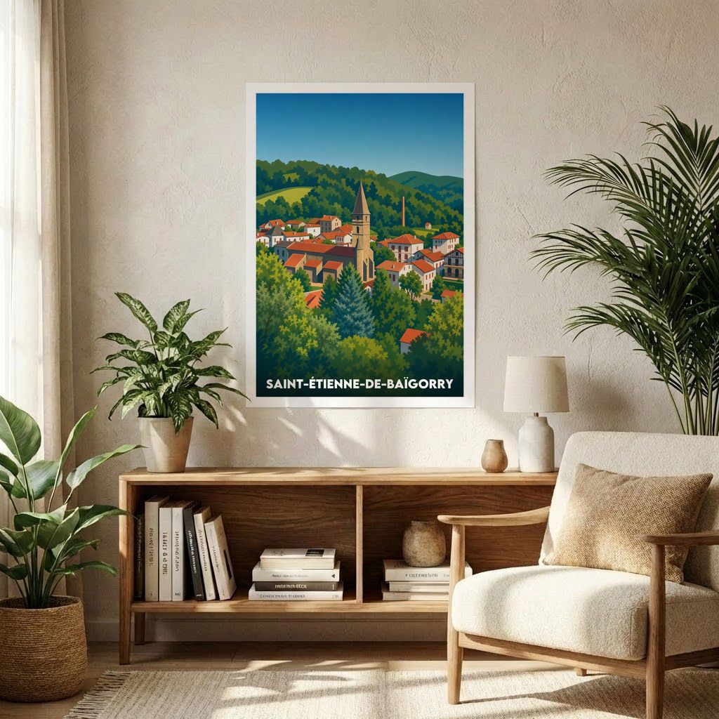 Affiche de la ville de Saint-Étienne-de-Baïgorry avec une illustration stylisée du village entouré de collines verdoyantes.