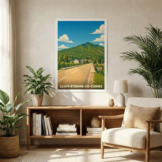 Affiche souvenir de la ville de Saint-Étienne-de-Cuines avec une illustration de paysage de montagne stylisée.