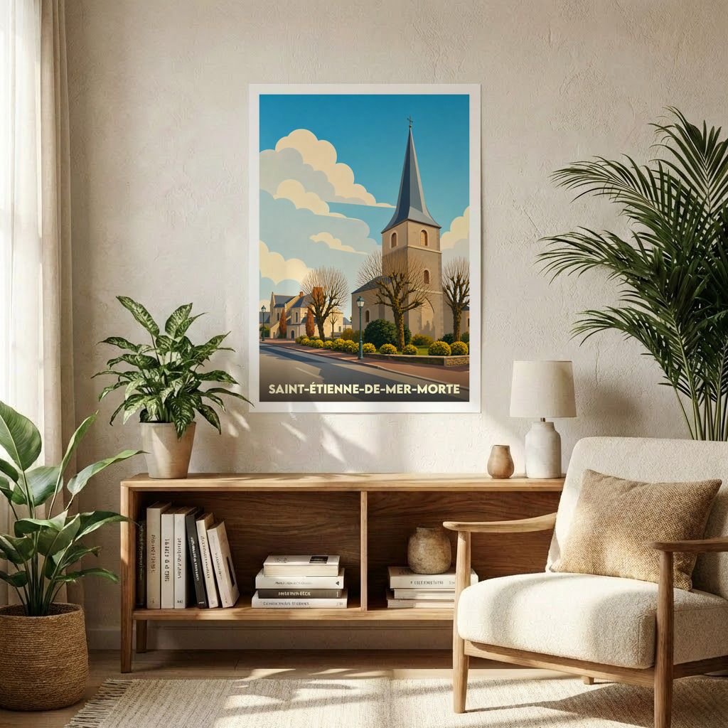Affiche souvenir de la ville de Saint-Étienne-de-Mer-Morte avec une illustration stylisée de son église sous un ciel azur.