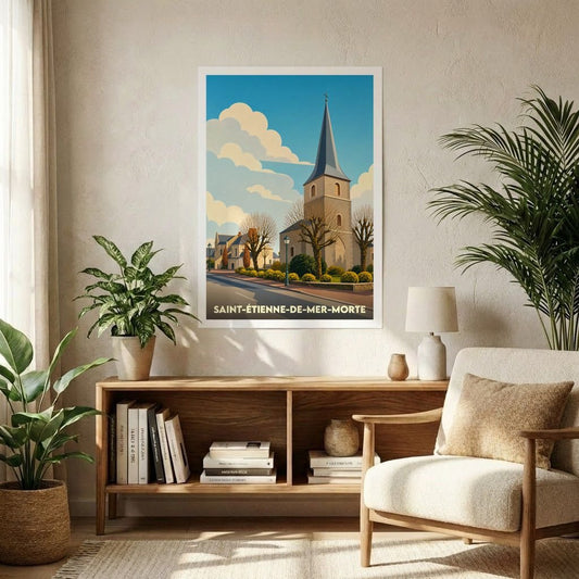 Affiche souvenir de la ville de Saint-Étienne-de-Mer-Morte avec une illustration stylisée de son église sous un ciel azur.