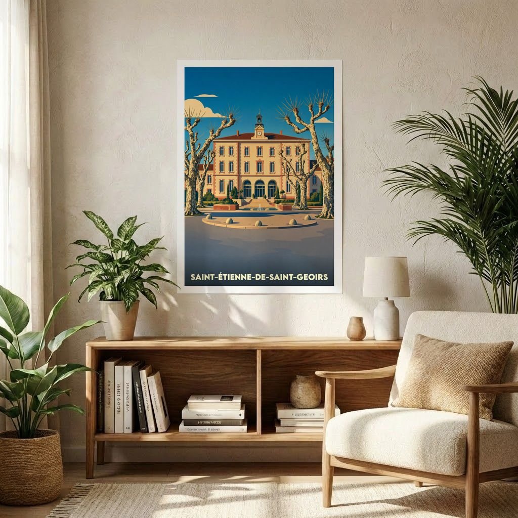 Affiche souvenir de la ville de Saint-Étienne-de-Saint-Geoirs avec une illustration stylisée d'un bâtiment historique et de sa place.