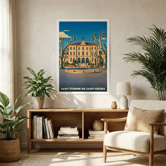 Affiche souvenir de la ville de Saint-Étienne-de-Saint-Geoirs avec une illustration stylisée d'un bâtiment historique et de sa place.