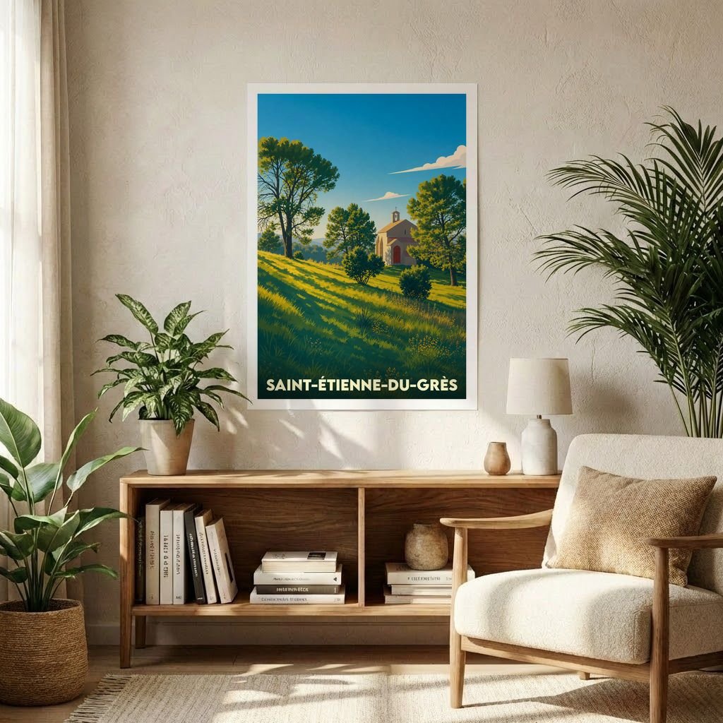 Affiche souvenir de la ville de Saint-Étienne-du-Grès avec une illustration stylisée d'un paysage provençal.