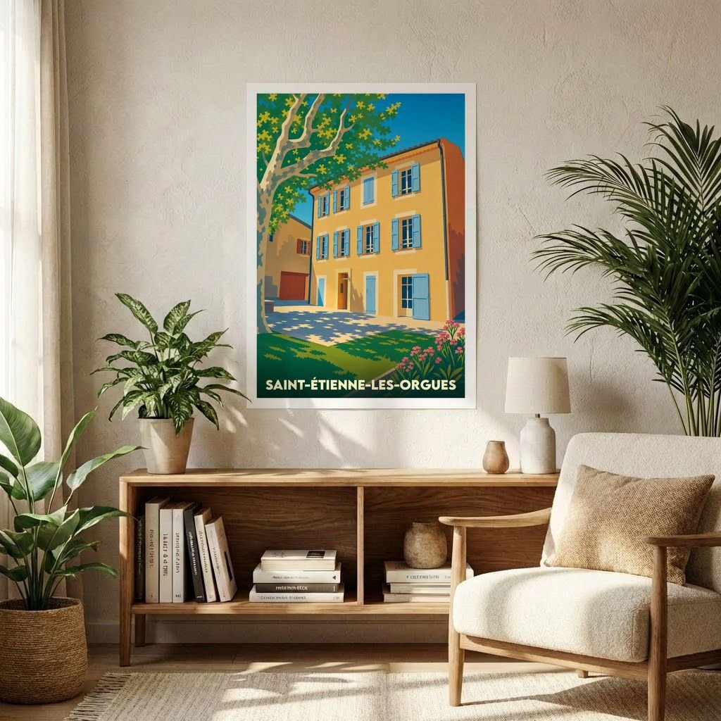 Affiche souvenir de la ville de Saint-Étienne-les-Orgues avec une illustration stylisée d'une maison provençale.