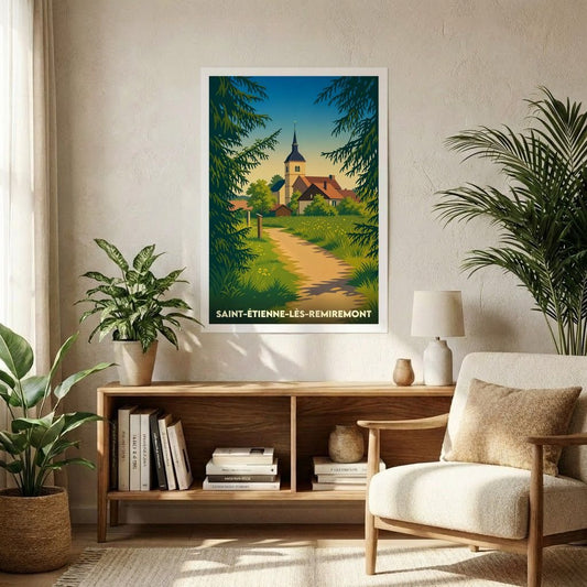 Affiche souvenir de la ville de Saint-Étienne-lès-Remiremont avec une illustration stylisée d'un paysage de campagne.