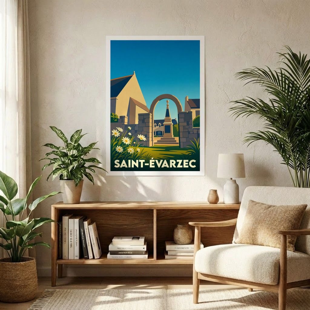 Affiche souvenir de la ville de Saint-Évarzec avec une illustration stylisée.