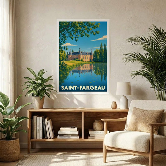 Affiche souvenir grand format de la ville de Saint-Fargeau avec une illustration stylisée de son château se reflétant dans l'eau.
