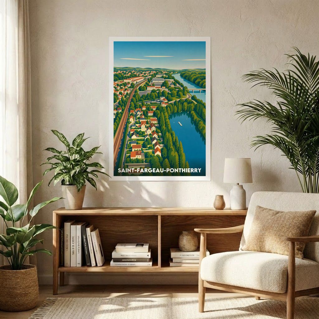 Affiche souvenir de la ville de Saint-Fargeau-Ponthierry avec une illustration stylisée.