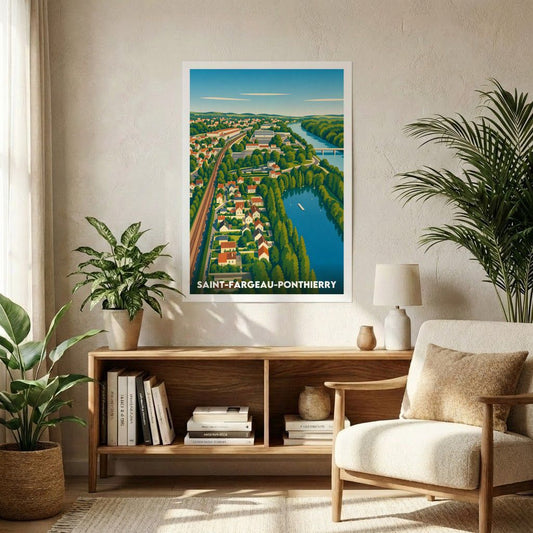 Affiche souvenir de la ville de Saint-Fargeau-Ponthierry avec une illustration stylisée.