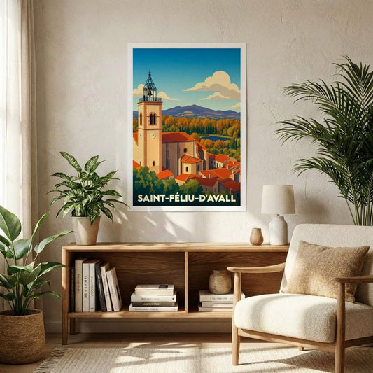 Affiche souvenir de la ville de Saint-Féliu-d'Avall avec une illustration stylisée de son église et du paysage environnant.