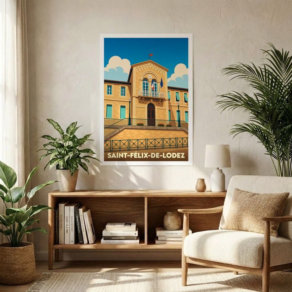 Affiche souvenir de la ville de Saint-Félix-de-Lodez présentant une illustration stylisée de son hôtel de ville.