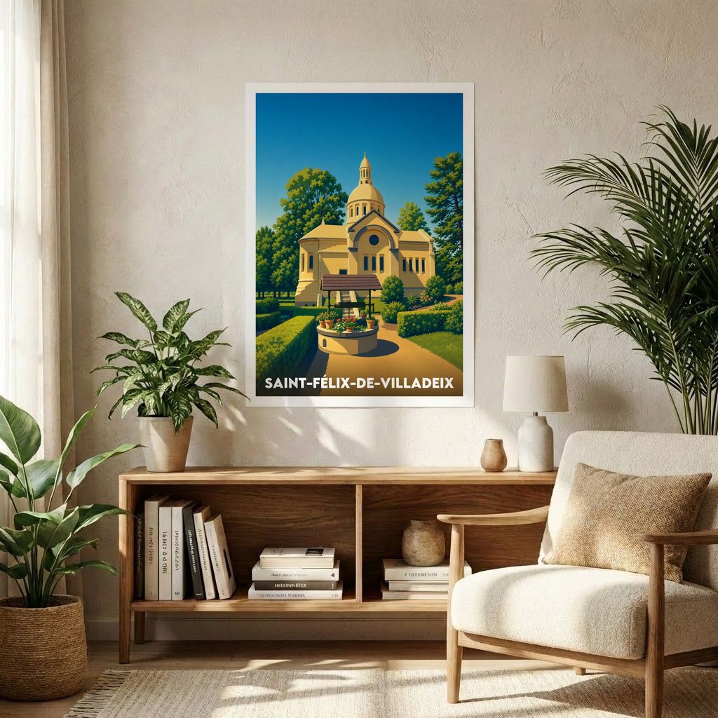 Affiche souvenir de la ville de Saint-Félix-de-Villadeix avec une illustration stylisée.