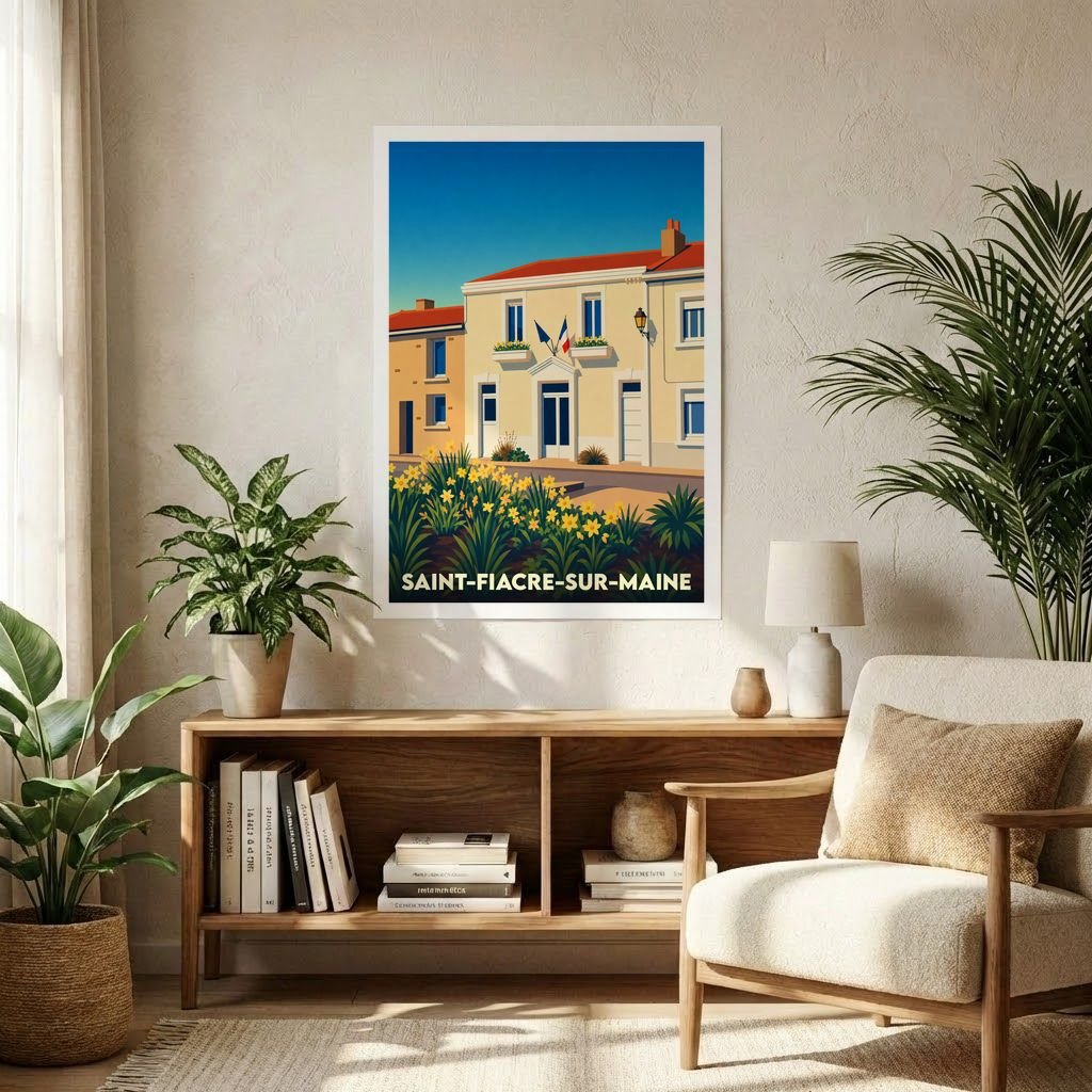 Affiche souvenir de la ville de Saint-Fiacre-sur-Maine avec une illustration stylisée de sa mairie fleurie.
