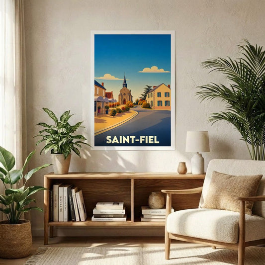 Affiche souvenir de la ville de Saint-Fiel avec une illustration stylisée.