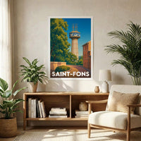 Affiche souvenir de la ville de Saint-Fons avec une illustration stylisée de son emblématique château d'eau.