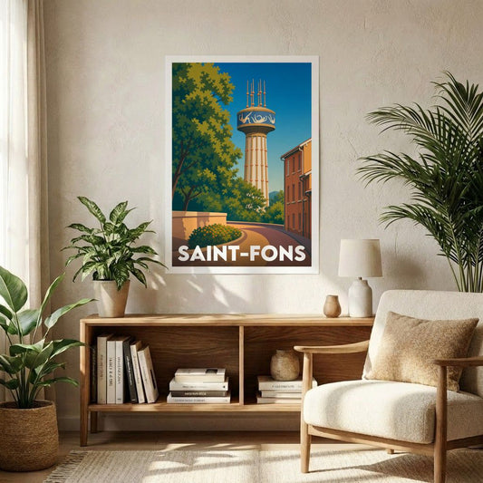 Affiche souvenir de la ville de Saint-Fons avec une illustration stylisée de son emblématique château d'eau.