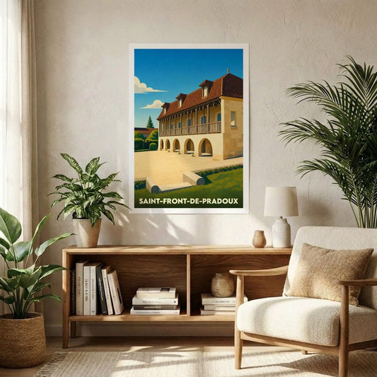 Affiche souvenir de la ville de Saint-Front-de-Pradoux avec une illustration stylisée d'un bâtiment historique.