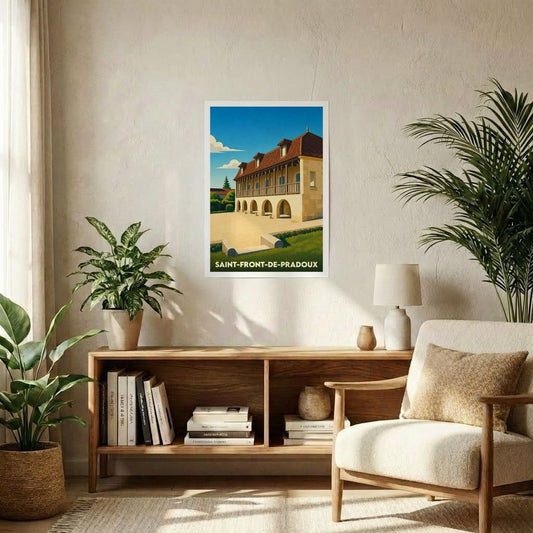 Affiche souvenir de la ville de Saint-Front-de-Pradoux avec une illustration stylisée de son architecture locale.
