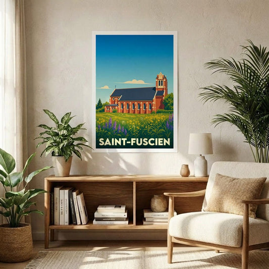 Affiche souvenir de la ville de Saint-Fuscien avec une illustration stylisée de son église dans un champ fleuri.