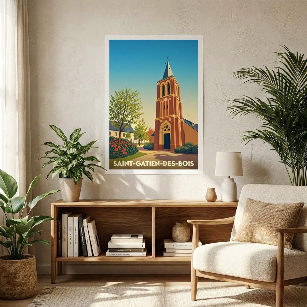 Affiche souvenir de la ville de Saint-Gatien-des-Bois illustrant son église dans un style graphique épuré.