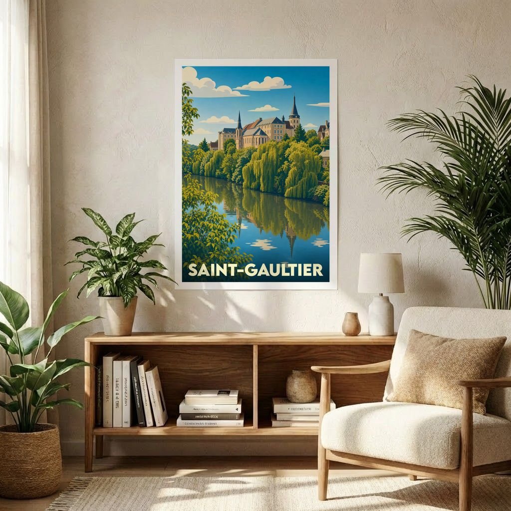 Affiche souvenir de la ville de Saint-Gaultier avec une illustration stylisée des bords de la Creuse.