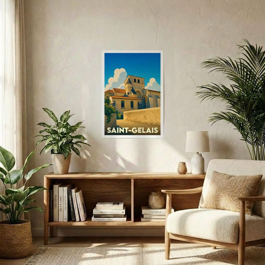 Affiche souvenir de la ville de Saint-Gelais avec une illustration stylisée.