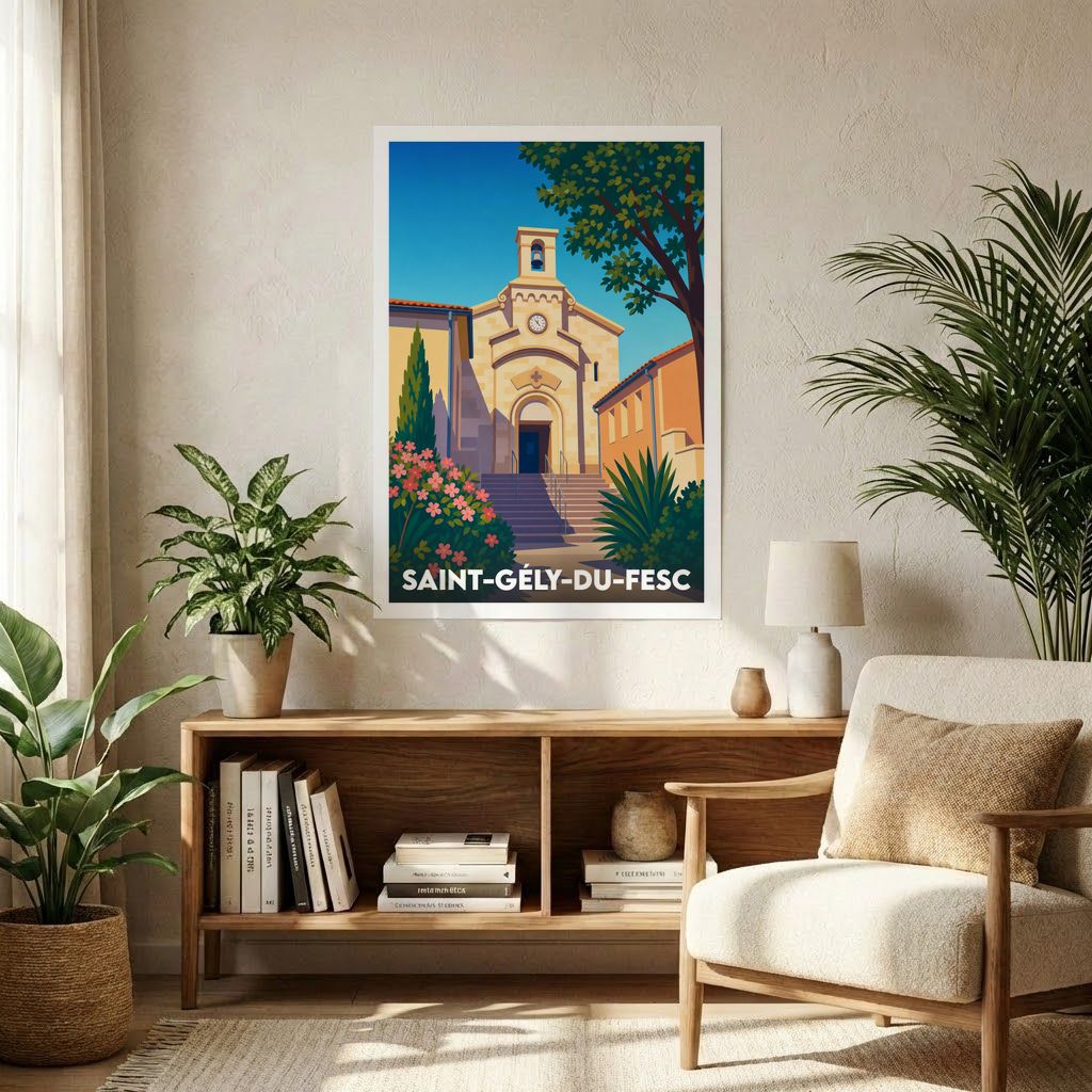 Affiche souvenir de la ville de Saint-Gély-du-Fesc avec une illustration stylisée de son église sous un ciel bleu.