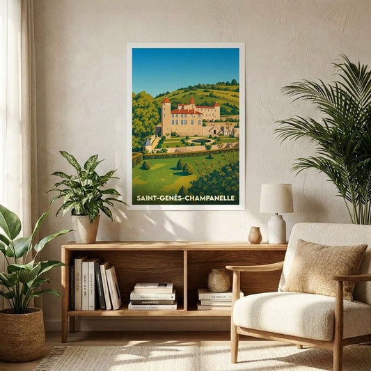 Affiche souvenir de la ville de Saint-Genès-Champanelle présentant une illustration stylisée de son château et de ses jardins.